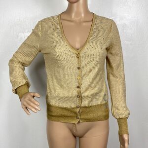 Societa Gold Color Metallic Threads Beaded Tank Top With Cardigan